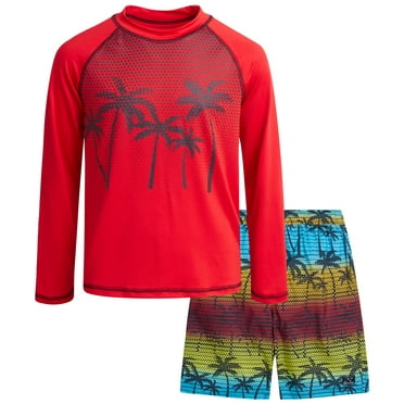 Big Chill Boys Swim Set - Boys Rash Guard Swim Set - UPF 50  Rash Guard Long Sleeve Swim Shirt Board Short Swim Trunks (5-14)
