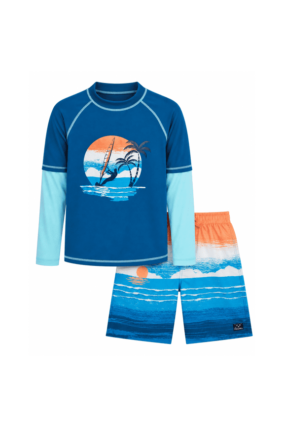 Boys Swim Set - UPF 50+ Long Sleeve Rash Guard and Swim Trunks, 2 Piece Boys Swimsuit Set