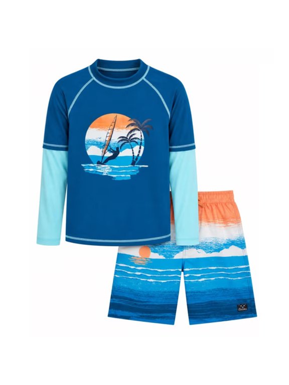 Boys Rash Guard Swim Set - UPF 50+ Long Sleeve Shirt & Board Shorts, 2 Piece/4 Piece