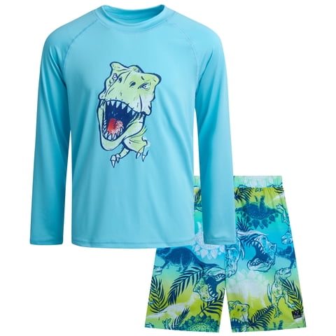 Boys Swim Set - Boys Rash Guard Swim Set - UPF 50+ Rash Guard Long Sleeve Swim Shirt Board Short Swim Trunks (5-14)