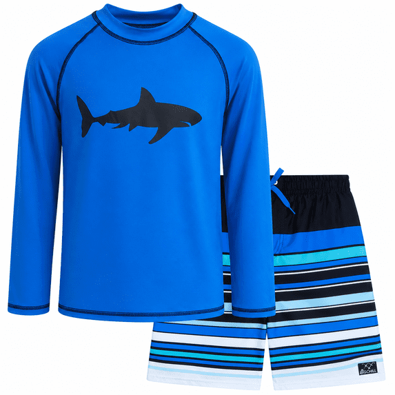 Big Chill Boys Swim Set - Boys Rash Guard Swim Set - UPF 50+ Rash Guard Long Sleeve Swim Shirt Board Short Swim Trunks (5-14)