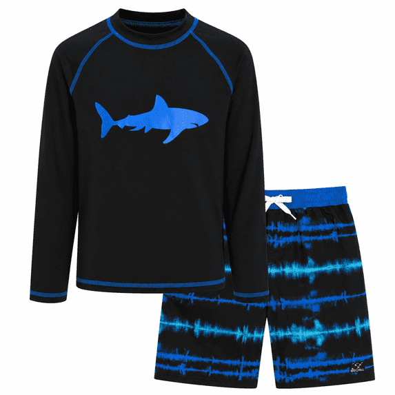 Big Chill Boys Swim Set - Boys Rash Guard Swim Set - UPF 50+ Rash Guard Long Sleeve Swim Shirt Board Short Swim Trunks (5-14)