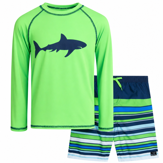 Big Chill Boys Swim Set - Boys Rash Guard Swim Set - UPF 50+ Rash Guard Long Sleeve Swim Shirt Board Short Swim Trunks (5-14)