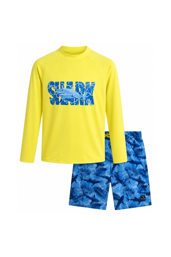 Boys Swim Set - UPF 50+ Long Sleeve Rash Guard and Swim Trunks, 2 Piece Boys Swimsuit Set