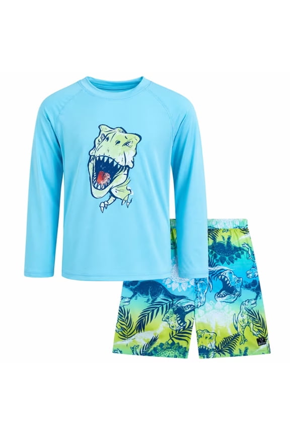 Boys Swim Set - Boys Rash Guard Swim Set - UPF 50+ Rash Guard Long Sleeve Swim Shirt Board Short Swim Trunks (5-14)