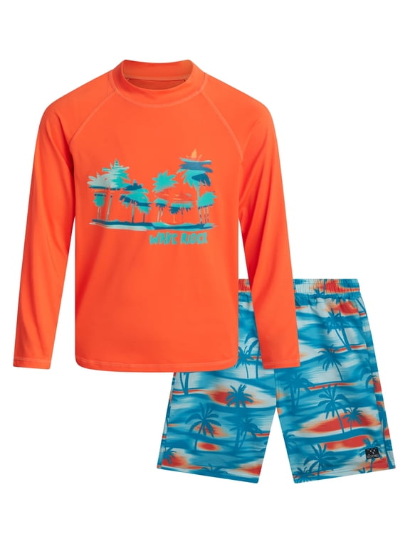 Boys Swim Set - UPF 50+ Long Sleeve Rash Guard and Swim Trunks, 2 Piece Boys Swimsuit Set