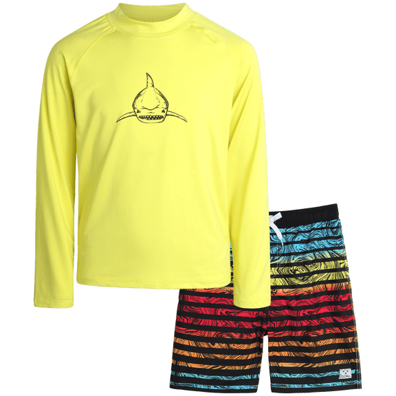 Big Chill Boys Swim Set - Boys Rash Guard Swim Set - UPF 50  Rash Guard Long Sleeve Swim Shirt Board Short Swim Trunks (5-14)