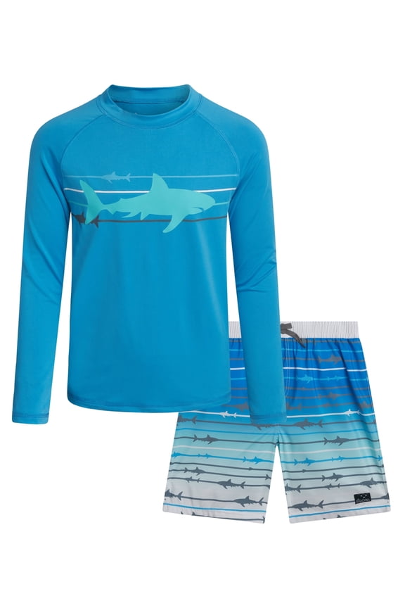 Boys Swim Set - Boys Rash Guard Swim Set - UPF 50+ Rash Guard Long Sleeve Swim Shirt Board Short Swim Trunks (5-14)