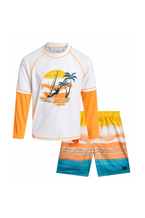 Boys Swim Set - UPF 50+ Long Sleeve Rash Guard and Swim Trunks, 2 Piece Boys Swimsuit Set