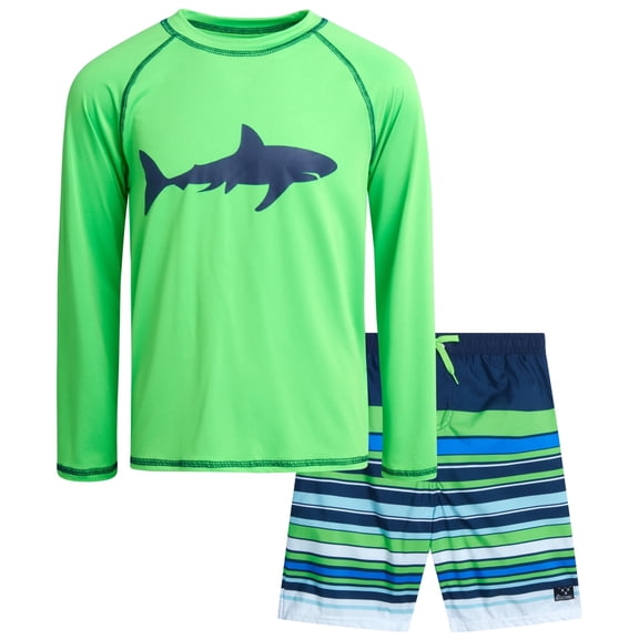 Big Chill Boys Swim Set - Boys Rash Guard Swim Set - UPF 50  Rash Guard Long Sleeve Swim Shirt Board Short Swim Trunks (5-14)