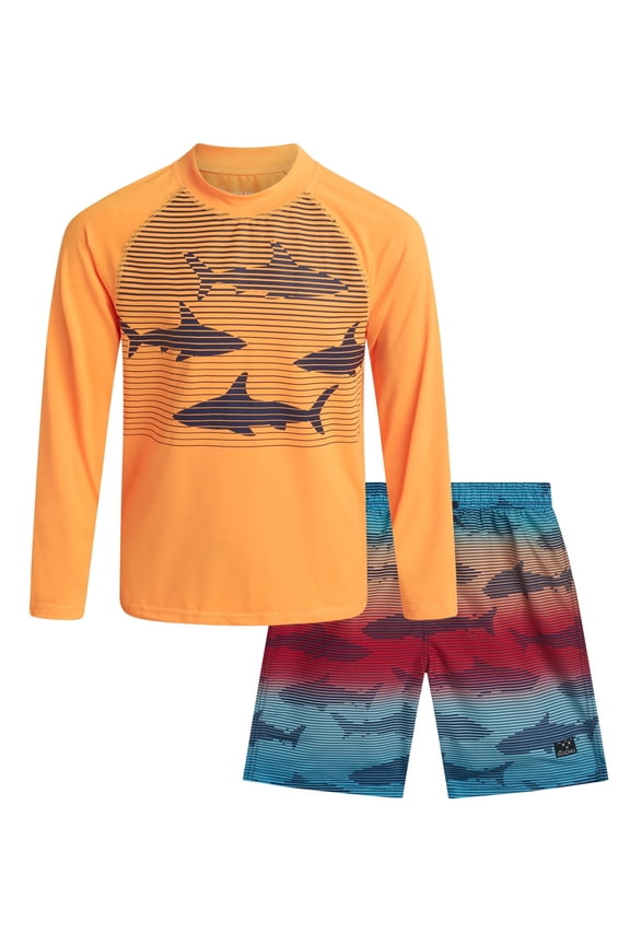 Boys Swim Set - Boys Rash Guard Swim Set - UPF 50+ Rash Guard Long Sleeve Swim Shirt Board Short Swim Trunks (5-14)
