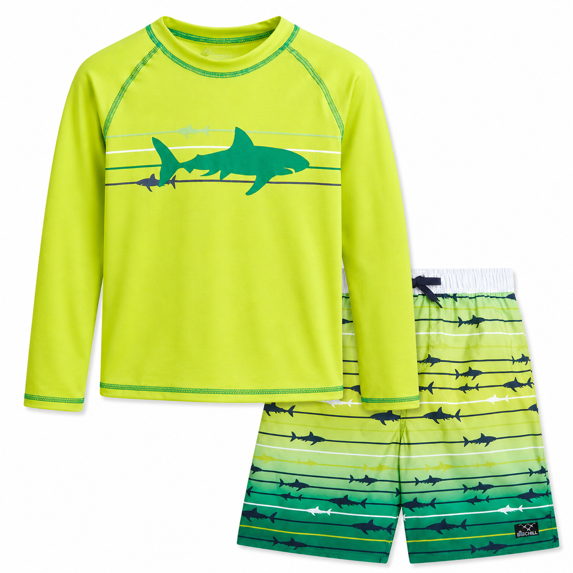 Big Chill Boys Swim Set - Boys Rash Guard Swim Set - UPF 50+ Rash Guard Long Sleeve Swim Shirt Board Short Swim Trunks (5-14)