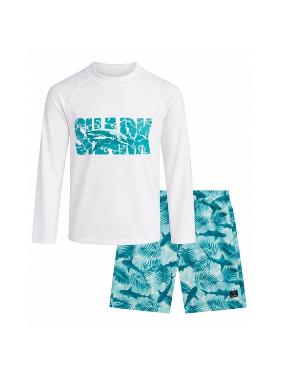 Boys Rash Guard Swim Set - UPF 50+ Long Sleeve Shirt & Board Shorts, 2 Piece/4 Piece