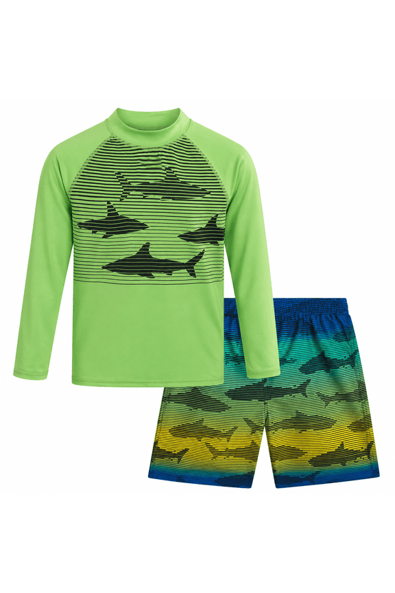 Boys Swim Set - UPF 50+ Long Sleeve Rash Guard and Swim Trunks, 2 Piece Boys Swimsuit Set