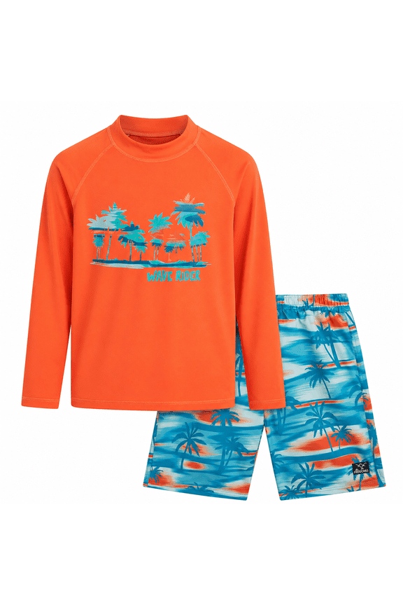 Boys Swim Set - UPF 50+ Long Sleeve Rash Guard and Swim Trunks, 2 Piece Boys Swimsuit Set