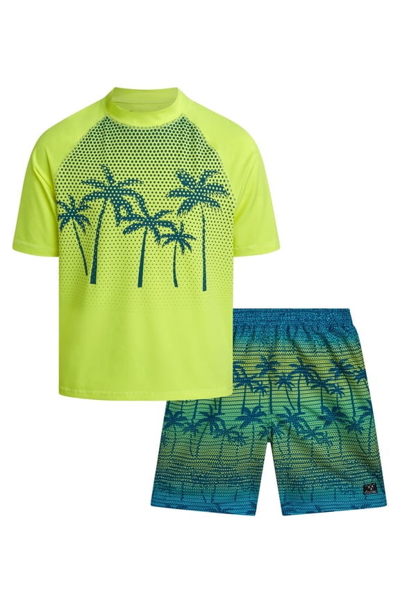 Boys' Rash Guard Set - UPF 50+ Short Sleeve Swim Shirt and Bathing Suit Trunks - Swimwear Set for Boys (4-14)