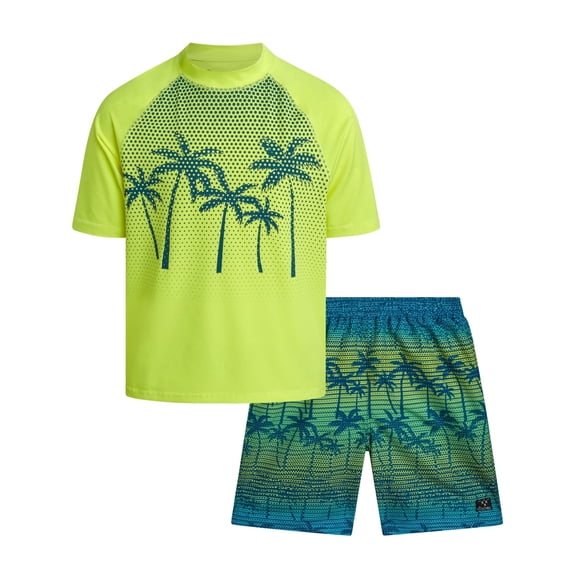Big Chill Boys' Rash Guard Set - UPF 50+ Short Sleeve Swim Shirt and Bathing Suit Trunks - Swimwear Set for Boys (4-14)
