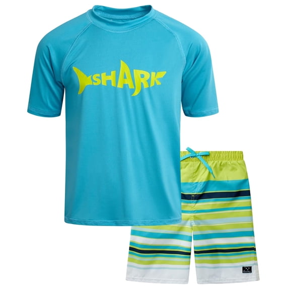 Big Chill Boys' Rash Guard Set - UPF 50+ Short Sleeve Swim Shirt and Bathing Suit Trunks - Swimwear Set for Boys (4-14)