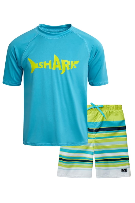 Boys' Rash Guard Set - UPF 50+ Short Sleeve Swim Shirt and Bathing Suit Trunks - Swimwear Set for Boys (4-14)
