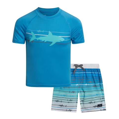 Big Chill Boys' Rash Guard Set - UPF 50+ Short Sleeve Swim Shirt and Bathing Suit Trunks - Swimwear Set for Boys (4-14)