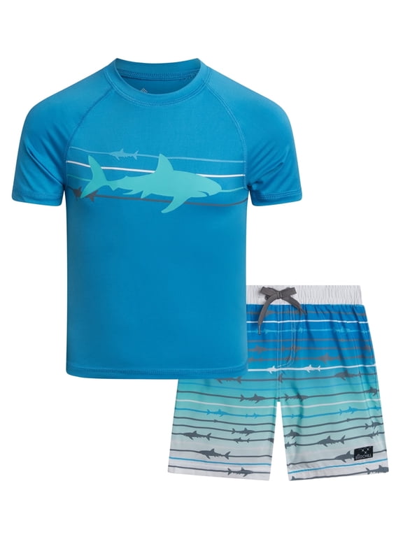 Boys' Rash Guard Set - UPF 50+ Short Sleeve Swim Shirt and Bathing Suit Trunks - Swimwear Set for Boys (4-14)