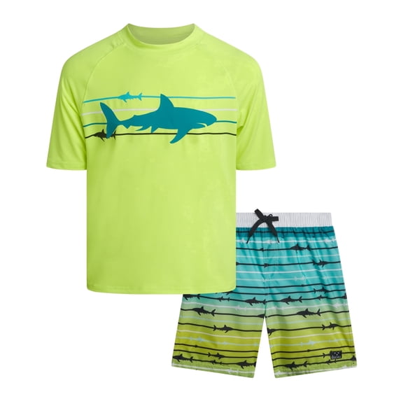 Big Chill Boys' Rash Guard Set - UPF 50+ Short Sleeve Swim Shirt and Bathing Suit Trunks - Swimwear Set for Boys (4-14)