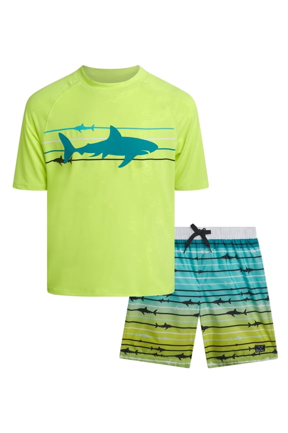Boys' Rash Guard Set - UPF 50+ Short Sleeve Swim Shirt and Bathing Suit Trunks - Swimwear Set for Boys (4-14)
