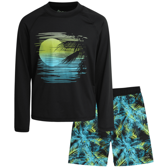 Big Chill Rash Guard Swim Set, Size 8, Black Palm Sunset (Boy's)