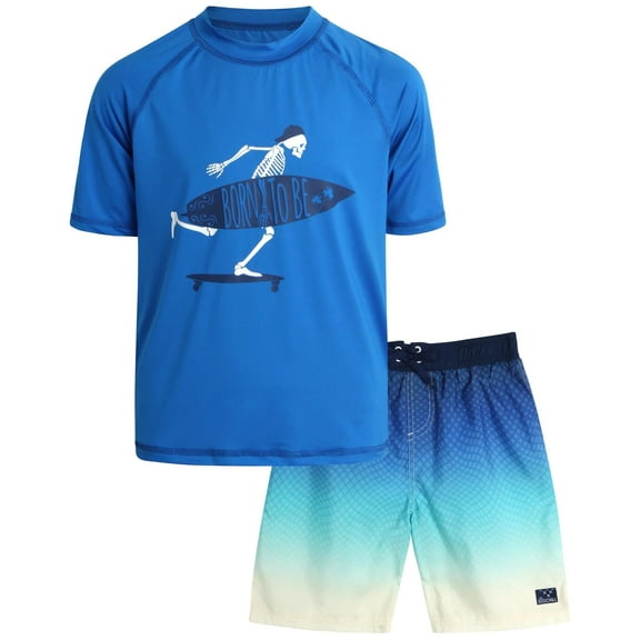 Big Chill Skeleton Short Sleeve Swimwear Set, Blue, (Boy's)