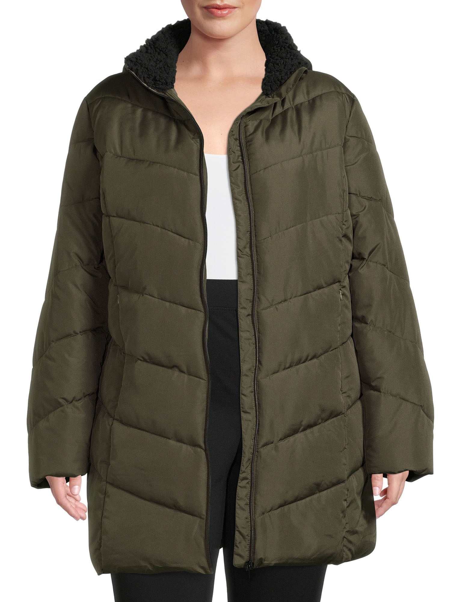 Big Chill Women's Plus Chevron Quilted Puffer Jacket with Hood, Sizes ...