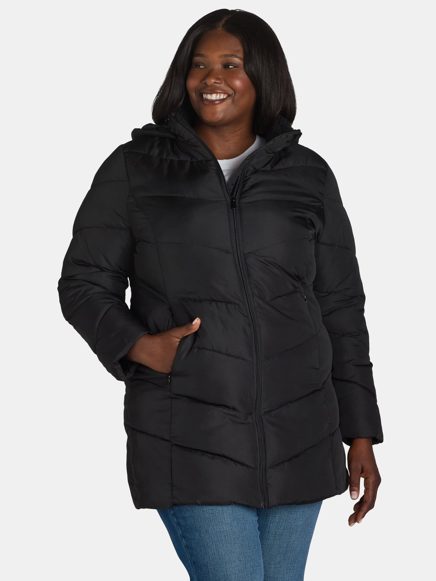 Women's and Women's Plus Chevron Quilted Puffer Jacket with Hood, Sizes S-3X