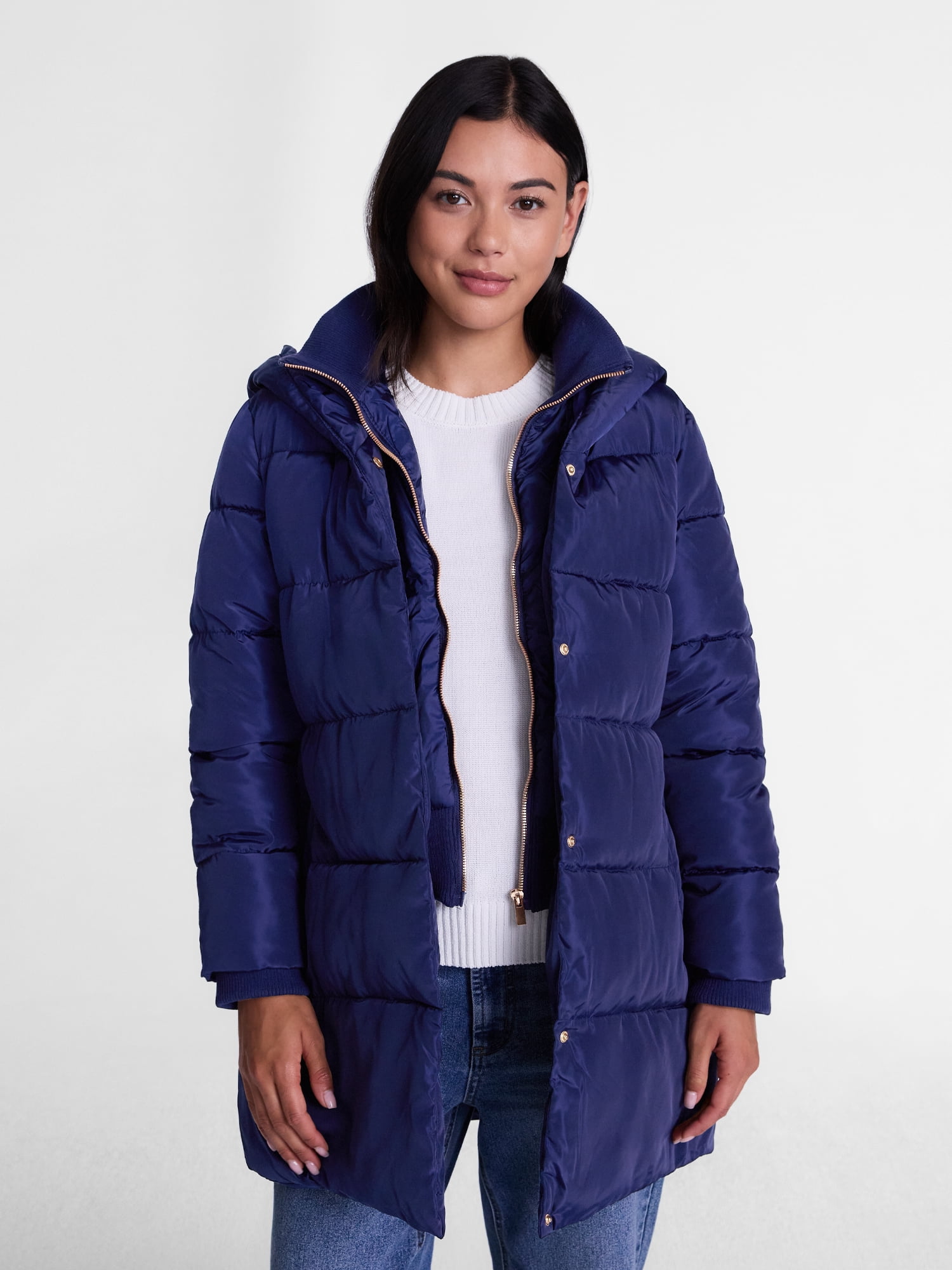 Women's Double Zip Front Hooded Puffer Jacket with Long Sleeves, Sizes S-3X