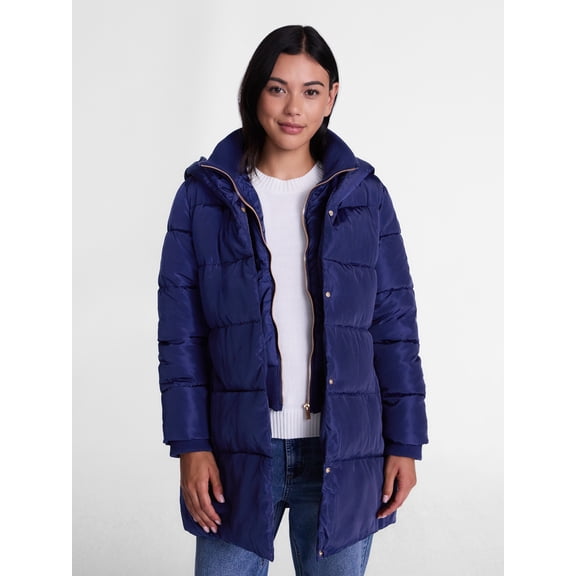 Big Chill Women's Double Zip Front Hooded Puffer Jacket with Long Sleeves, Sizes S-3X