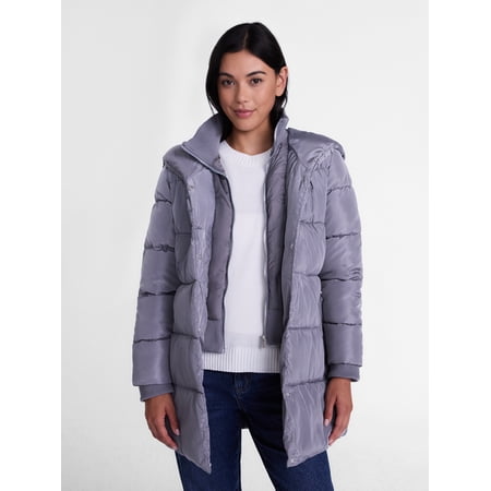 Big Chill Women's Double Zip Front Hooded Puffer Jacket with Long Sleeves, Sizes S-3X