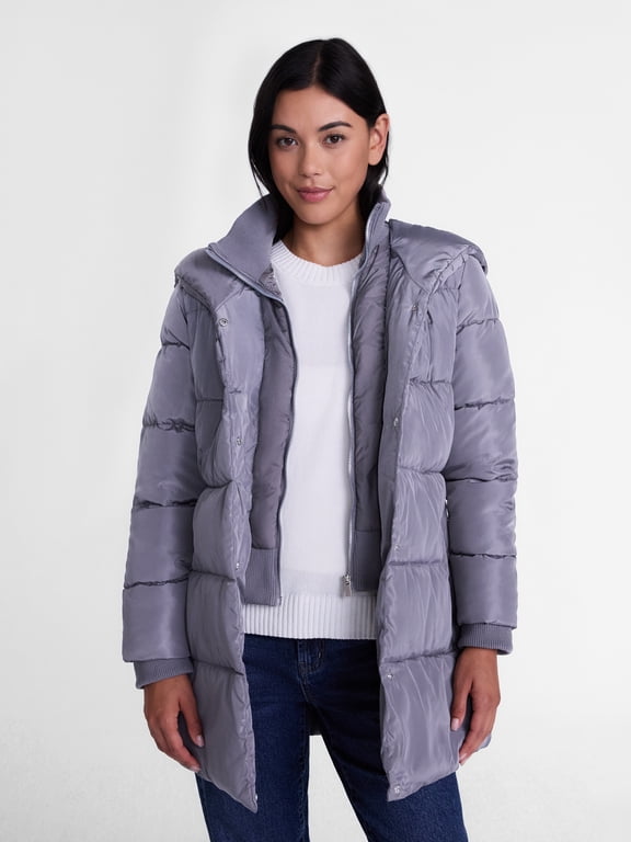 Women's Double Zip Front Hooded Puffer Jacket with Long Sleeves, Sizes S-3X