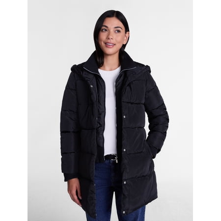 Big Chill Women's Double Zip Front Hooded Puffer Jacket with Long Sleeves, Sizes S-3X