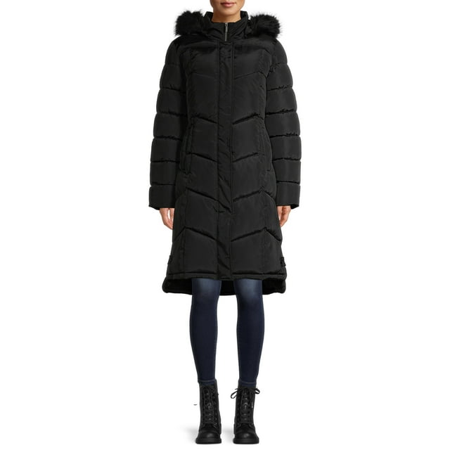 Big Chill Women's Maxi Chevron Puffer Coat with Faux Fur Trim Hood