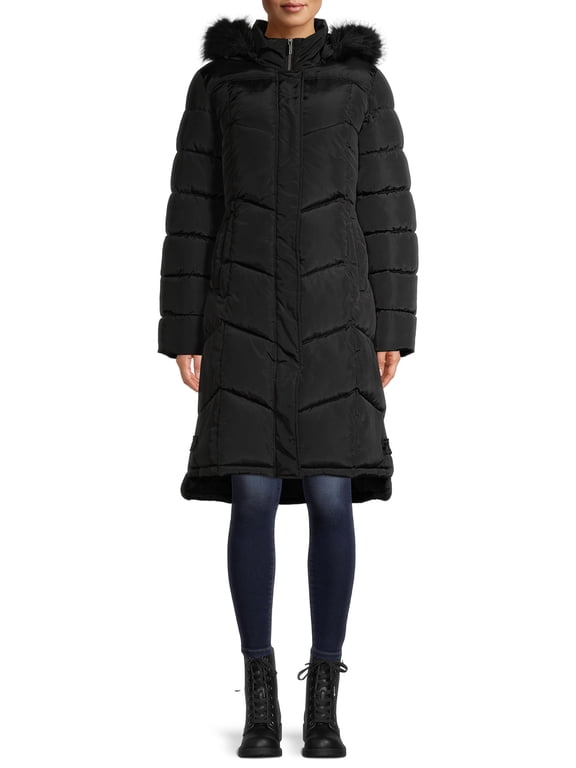 Women's Maxi Chevron Puffer Coat with Faux Fur Trim Hood