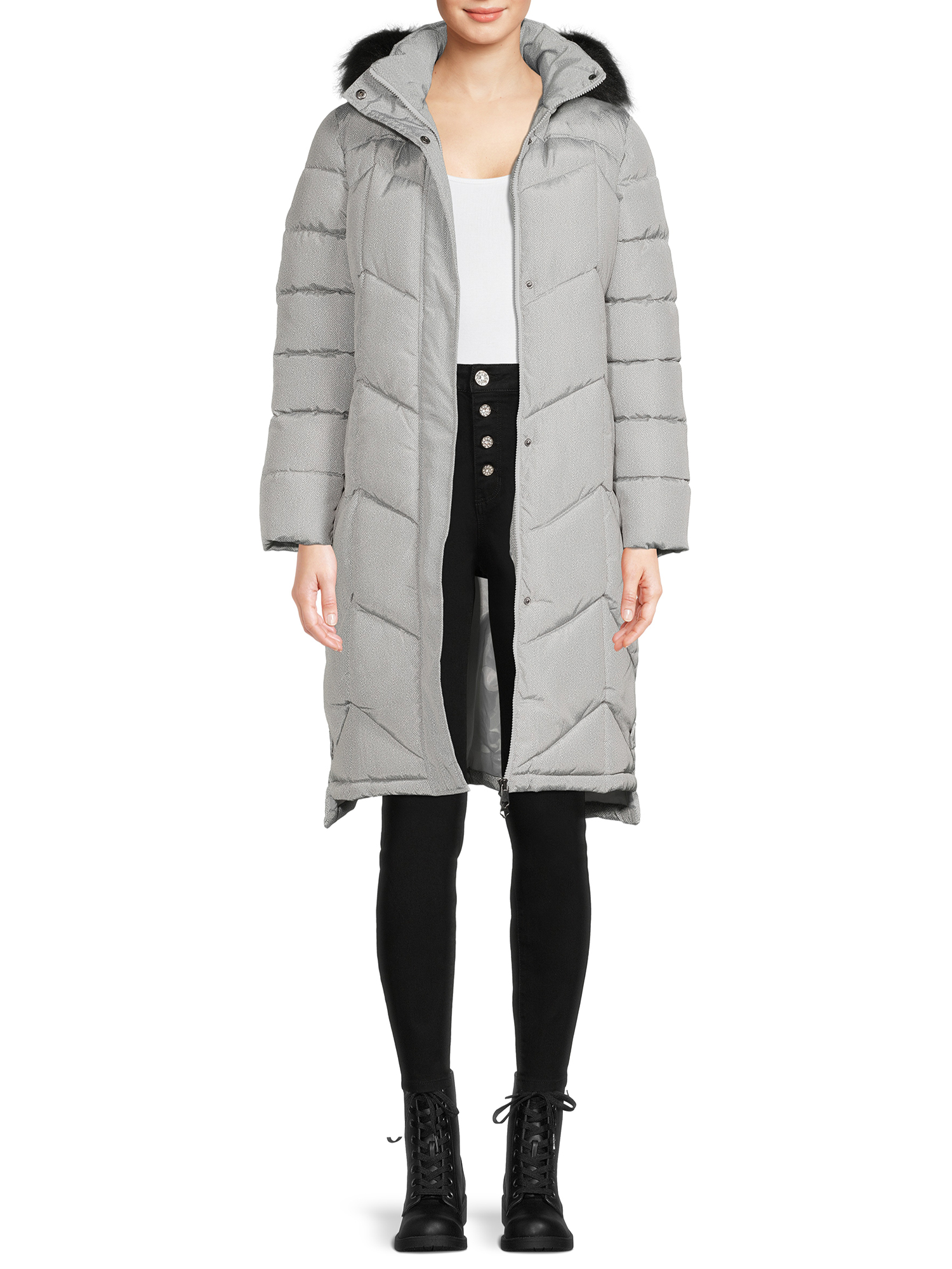 Time and Tru Women's Heavyweight Puffer Coat With Faux FurTrim Hood