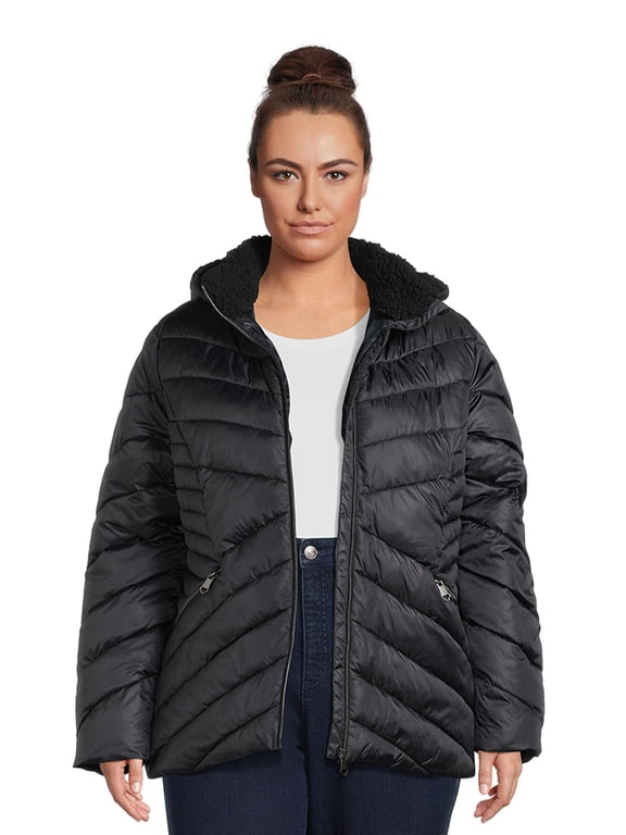 Women's Plus Size Down Blend Jacket with Faux Shearling Hood