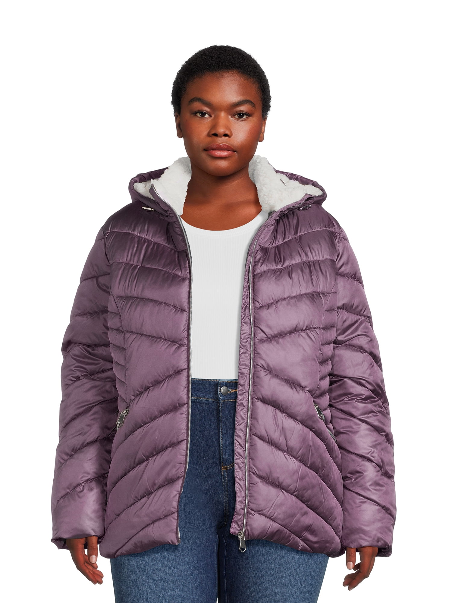 Big Chill Women's Plus Size Down Blend Jacket with Faux Sherpa Hood ...