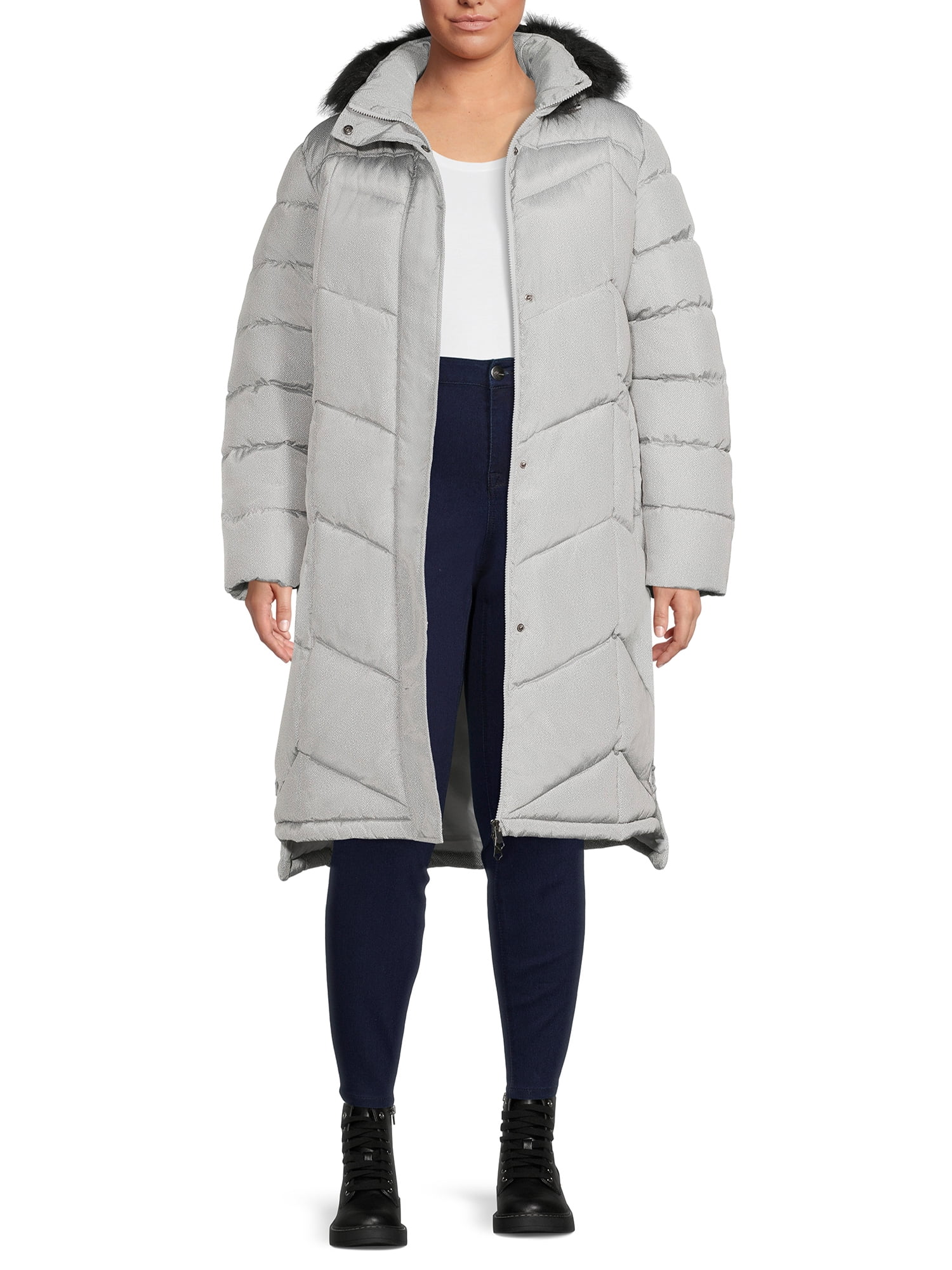Big Chill Women's Plus Size Maxi Puffer Coat with Faux Fur Trim Hood