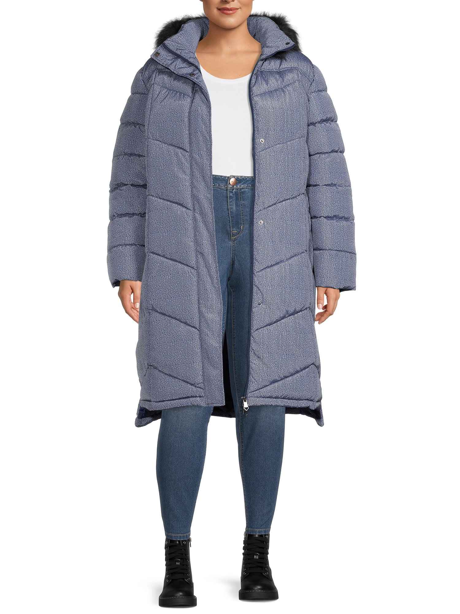 Big Chill Women's Plus Size Maxi Puffer Coat with Faux Fur Trim Hood