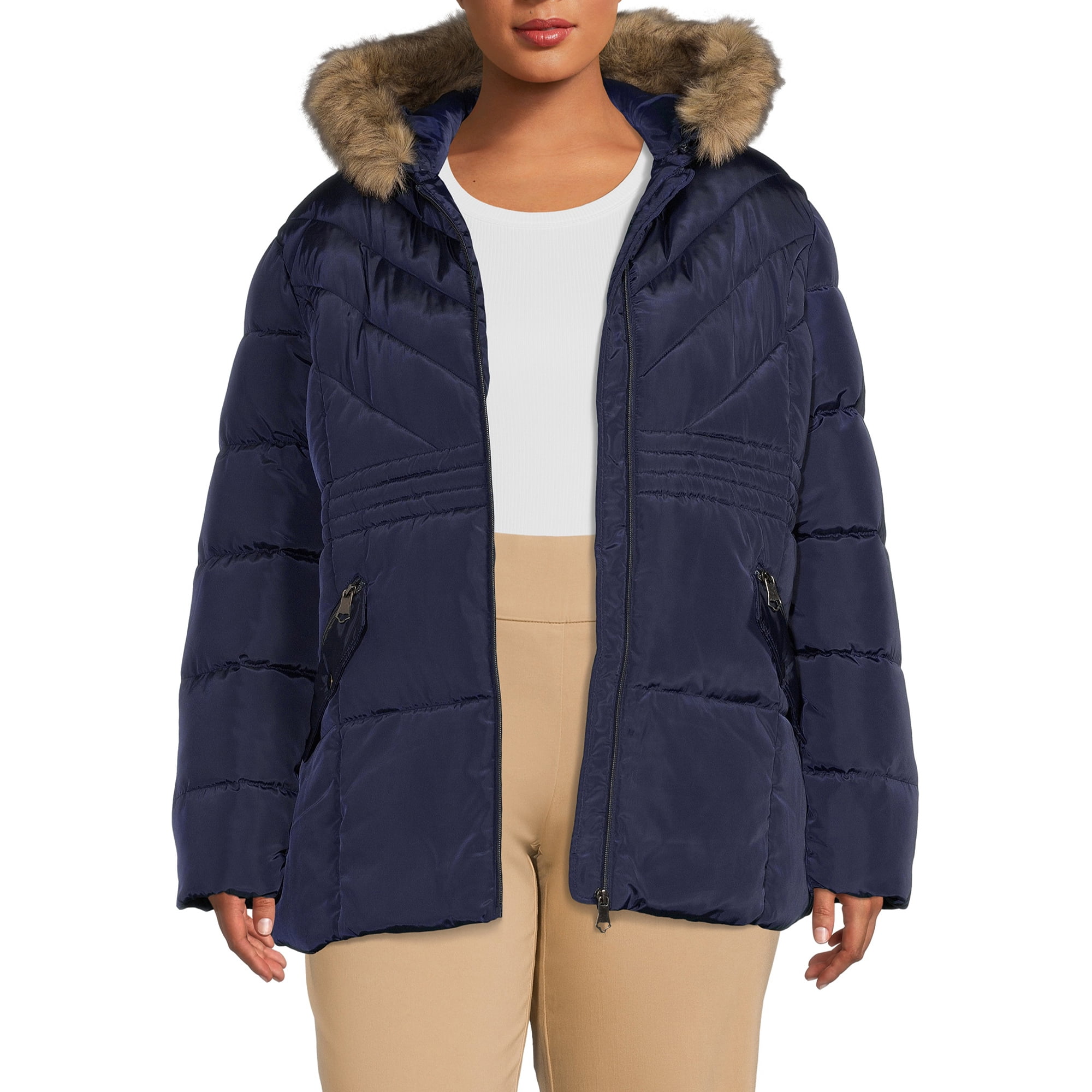 Big Chill Women's Plus Size Quilted Puffer Jacket with Faux Fur Trim Hood -  Walmart.com