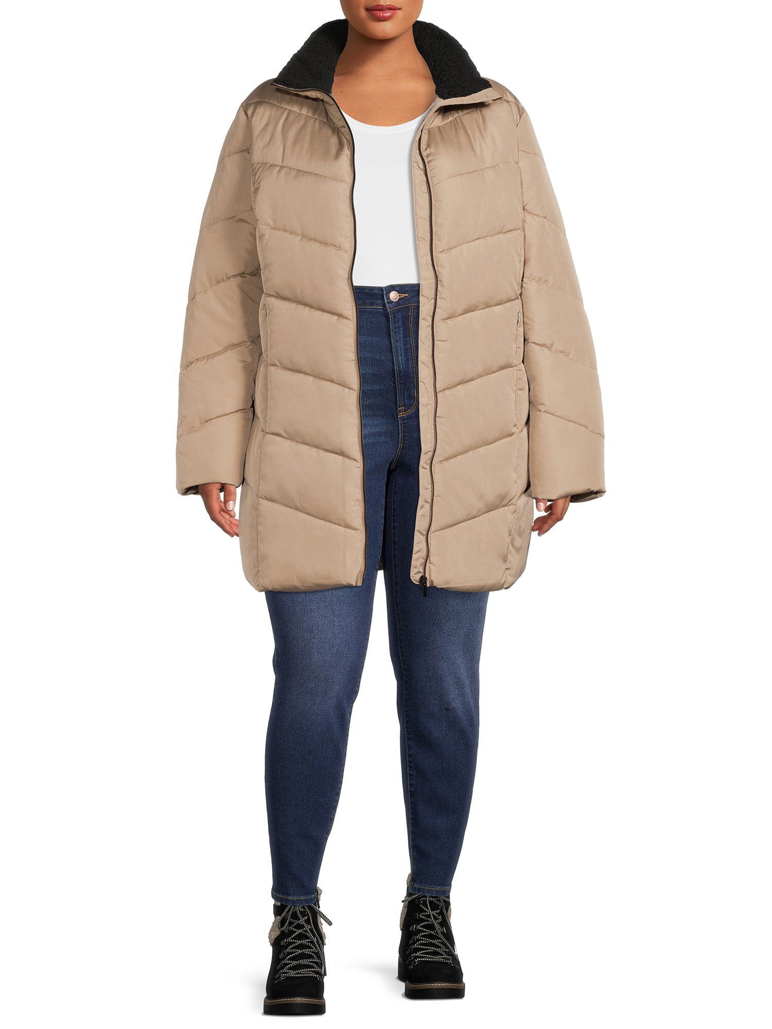 Big Chill Women's Plus Size Quilted Puffer MidLength Coat with Sherpa