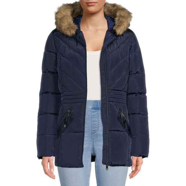 Big Chill Women's Quilted Puffer Jacket with Faux Fur Trim Hood
