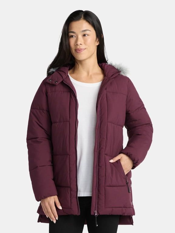 Women's Wide Quilted Puffer Coat with Faux Fur Trim Hood, Sizes S-XL