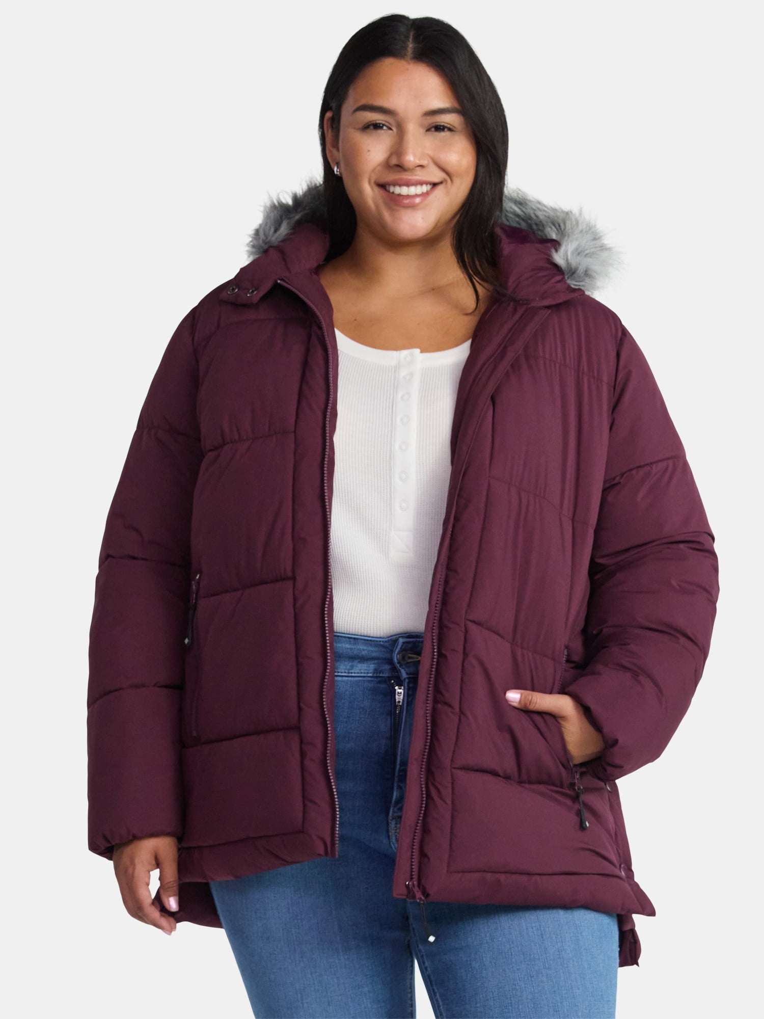 Big Chill Women's Wide Quilted Puffer with Faux Fur Trim Hood, Sizes S-3X