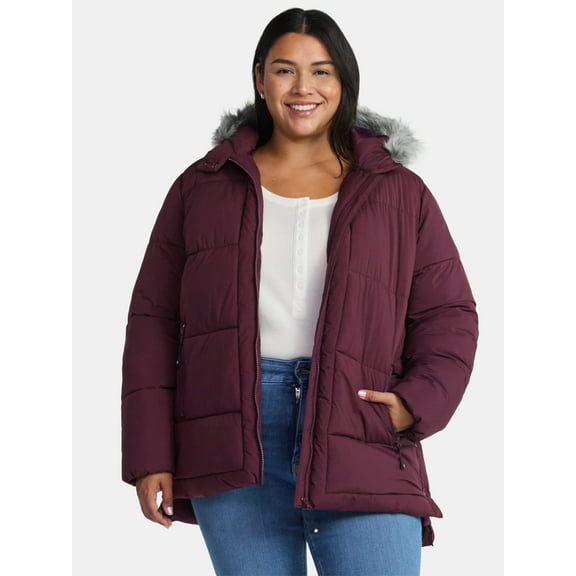 Big Chill Women's Wide Quilted Puffer with Faux Fur Trim Hood, Sizes S-3X
