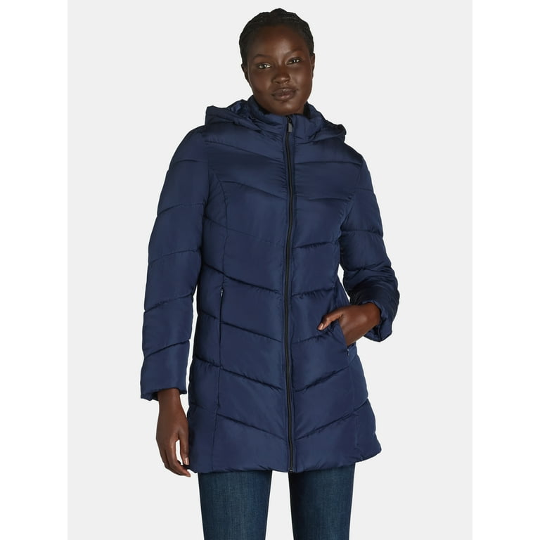 Hooded Coat Ladies Long Navy Padded Coat Big Chill Women's And